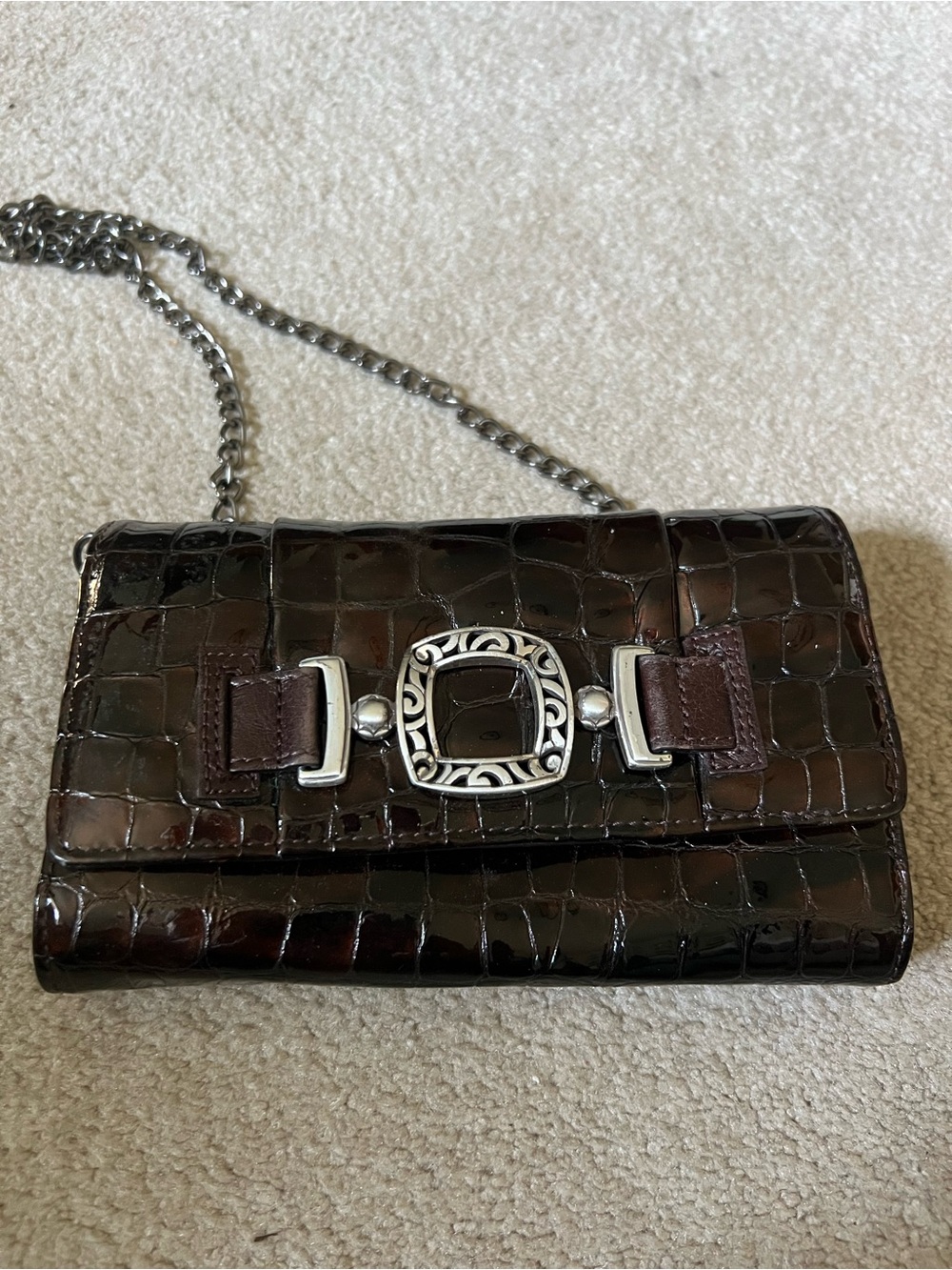Brighton Dark Brown Croc-Embossed Chain Crossbody with Silver Buckle, in EUC